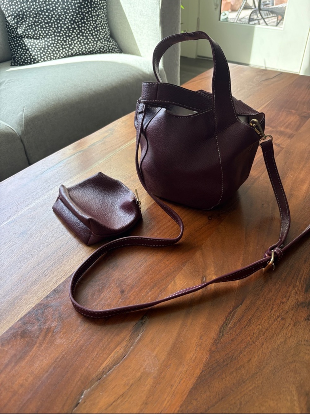 Women's Pebbled Leather Mini Bucket Bag with Pouch - Deep Burgundy